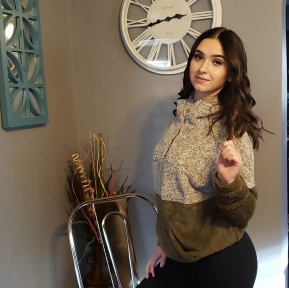 Color Block Half Zip Pullover Sherpa Fleece Jacket - Picture 2 of 8